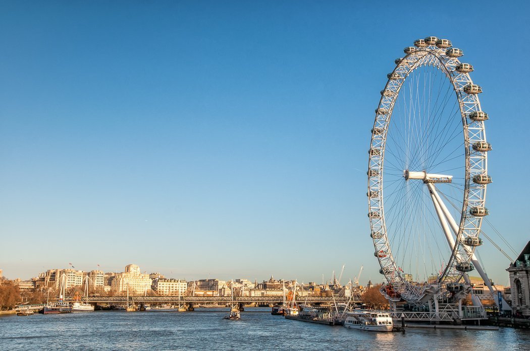 Photo of the London Eye overlooking the River Thames on the right-hand side of the frame.