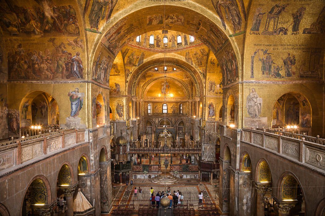 Interior of the St. Mark's Basilica with golden mosaics