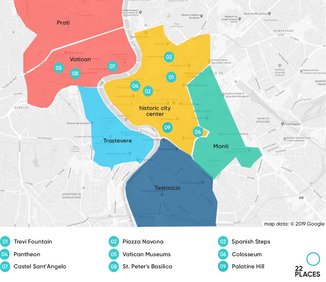 Map showing the best areas to stay in Rome