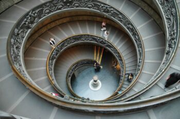 View down from a spiral staircase at the Vatican Museums