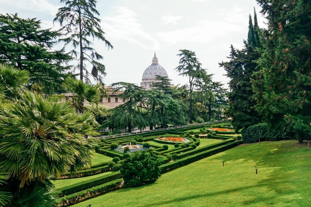 View of the Gardens of Vatican City with St. Peter's Basilica in the back
